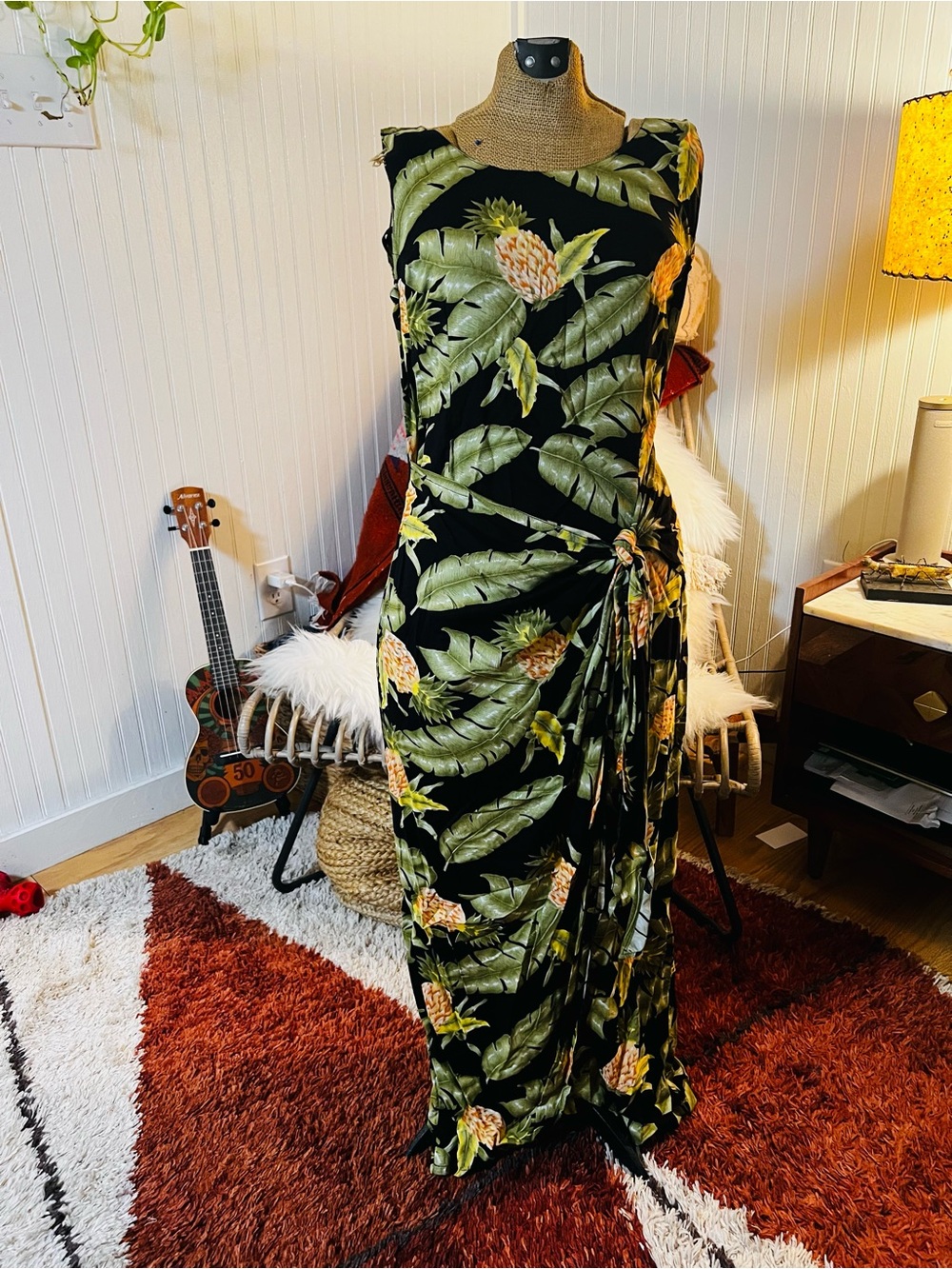 Tropical Tie-Waist Maxi Swim Cover Dress - Black with Green Pineapple Print